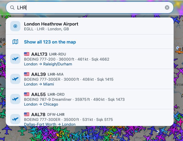 Results for an airport code, with routes shown under each flight