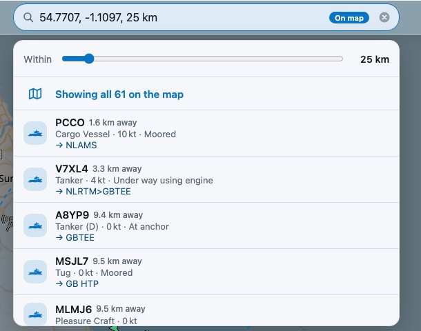 The "Within" slider and the results, nearest first, with their distance