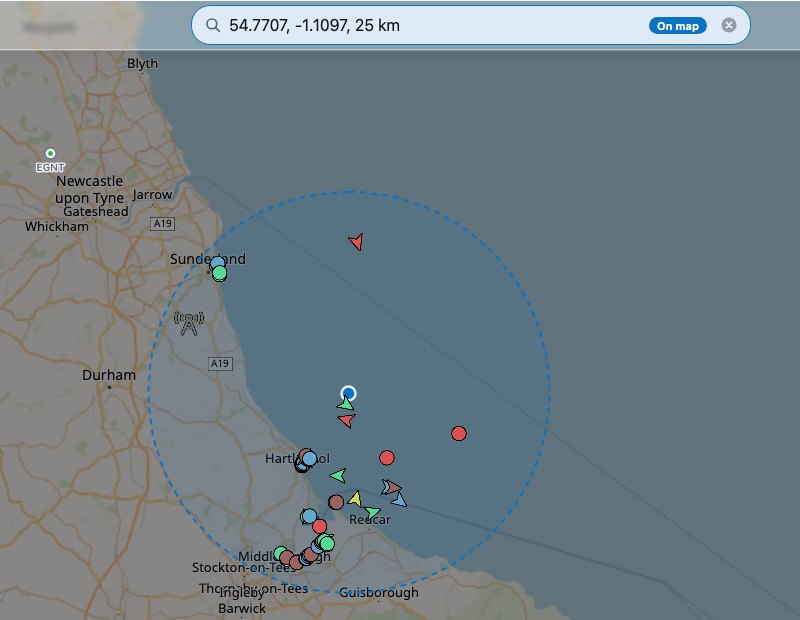 A dropped pin with a 25 km circle: only objects inside it stay on the map