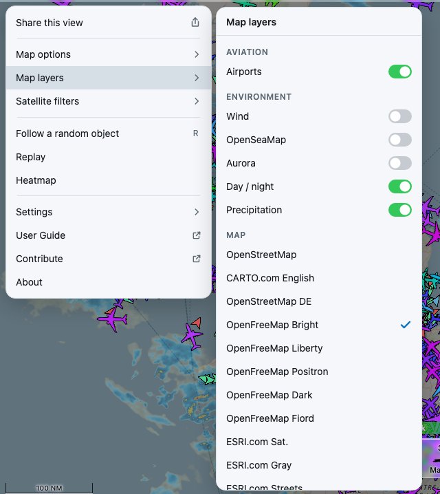 Map layers: switches for overlays, a tick for the chosen base map