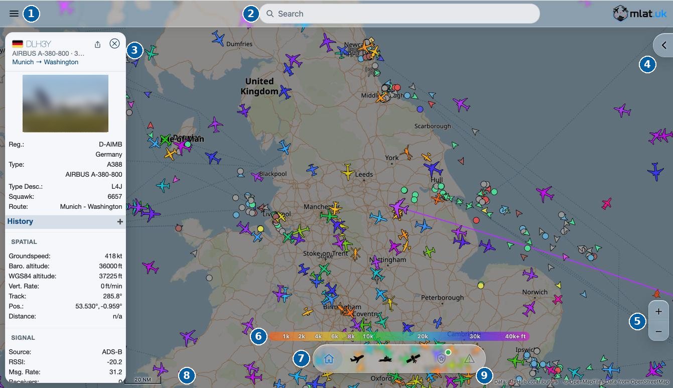 The live map with its main controls numbered